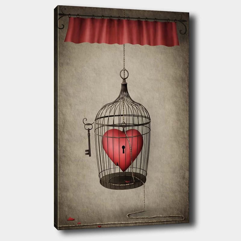 Lærred 70x100 cm - Fuglebur med et rødt hjerte indeni, hængende fra en snor, Rød / Sort / Grå