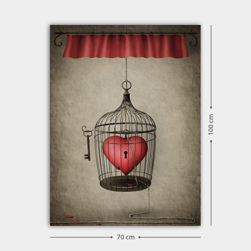 Lærred 70x100 cm - Fuglebur med et rødt hjerte indeni, hængende fra en snor - Rød / Sort / Grå - Boligtilbehør - Billeder & kunst - Billeder på lærred
