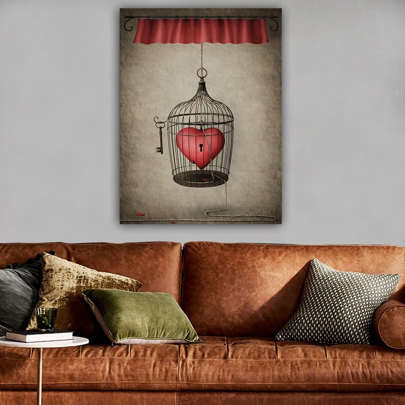 Lærred 70x100 cm - Fuglebur med et rødt hjerte indeni, hængende fra en snor - Rød / Sort / Grå - Boligtilbehør - Billeder & kunst - Billeder på lærred