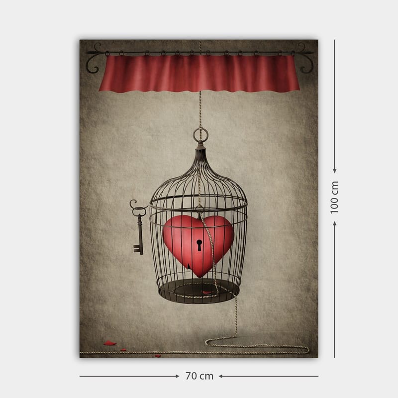 Lærred 70x100 cm - Fuglebur med et rødt hjerte indeni, hængende fra en snor - Rød / Sort / Grå - Boligtilbehør - Billeder & kunst - Billeder på lærred