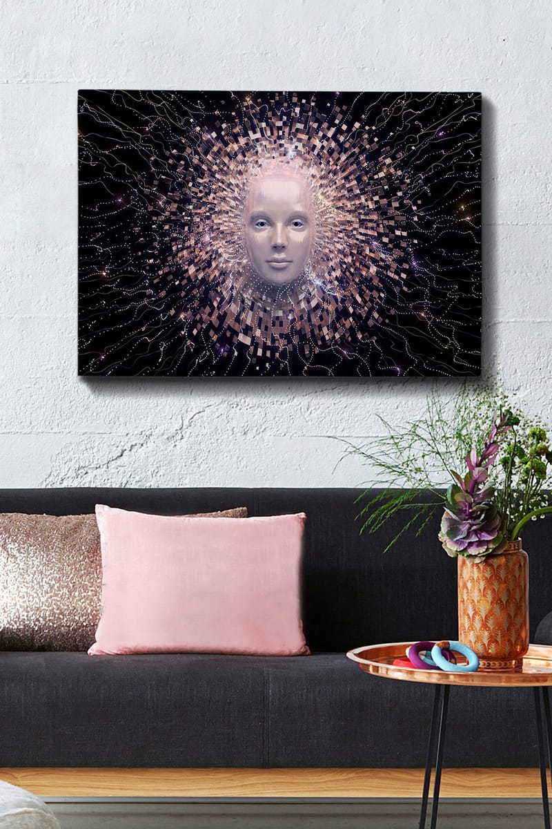 Lærred 70x100 cm - Futuristisk ansigtsmaske omgivet af en strålende aura af geometriske former - Lys pink / Hvid / Sort - Boligtilbehør - Billeder & kunst - Billeder på lærred