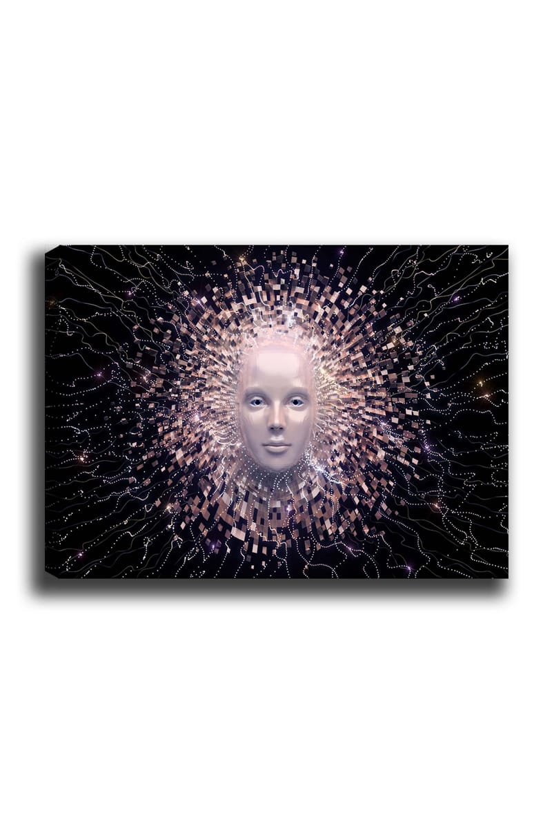 Lærred 70x100 cm - Futuristisk ansigtsmaske omgivet af en strålende aura af geometriske former, Lys pink / Hvid / Sort