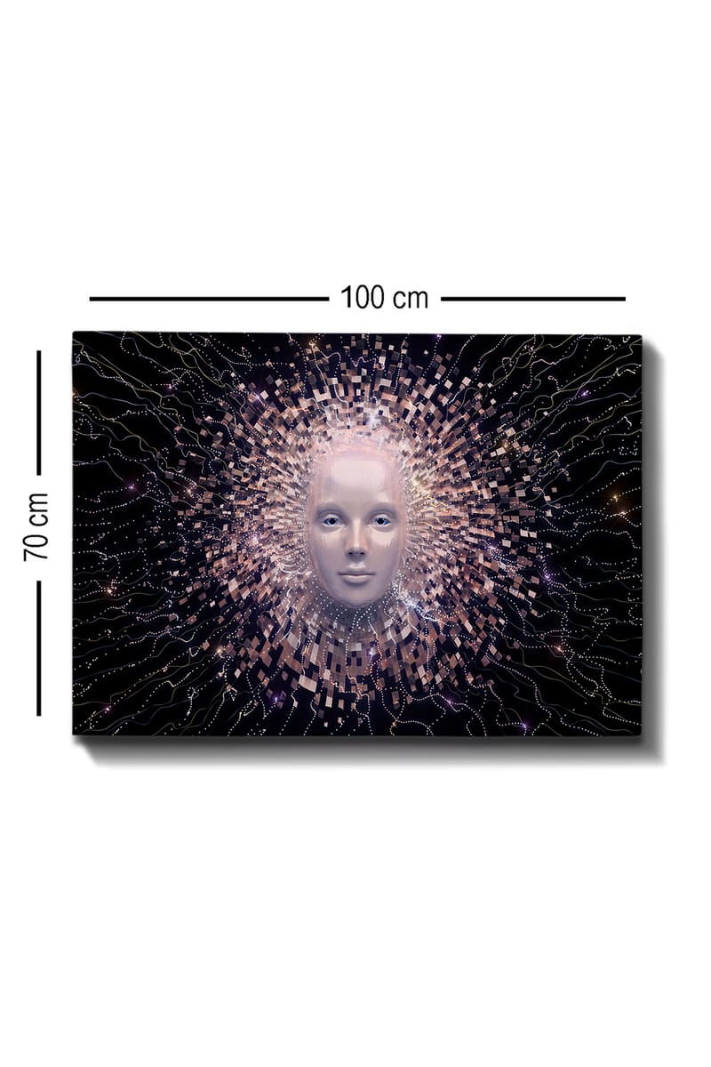 Lærred 70x100 cm - Futuristisk ansigtsmaske omgivet af en strålende aura af geometriske former - Lys pink / Hvid / Sort - Boligtilbehør - Billeder & kunst - Billeder på lærred