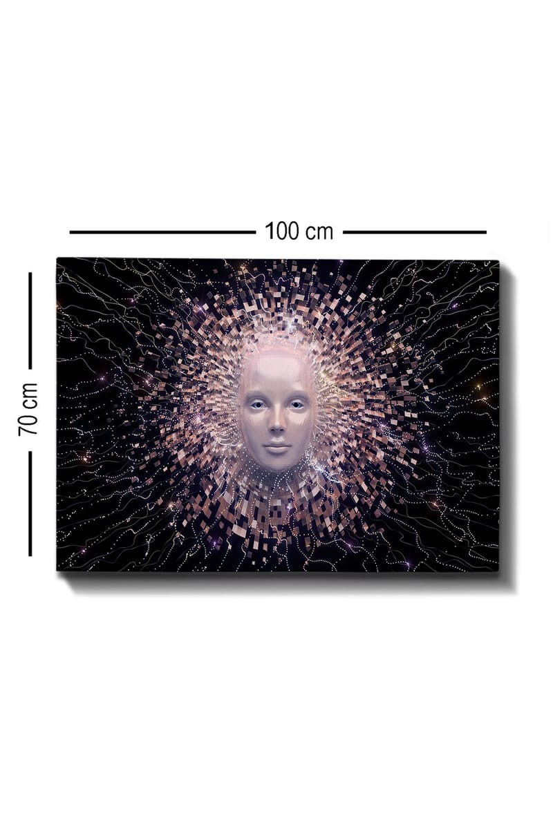 Lærred 70x100 cm - Futuristisk ansigtsmaske omgivet af en strålende aura af geometriske former - Lys pink / Hvid / Sort - Boligtilbehør - Billeder & kunst - Billeder på lærred