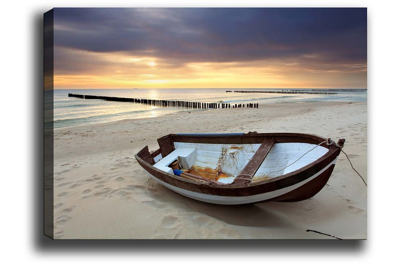 Lærred 70x100 cm - Gammel båd på en strand ved solnedgang - Brun / Blå / Hvid - Boligtilbehør - Billeder & kunst - Billeder på lærred