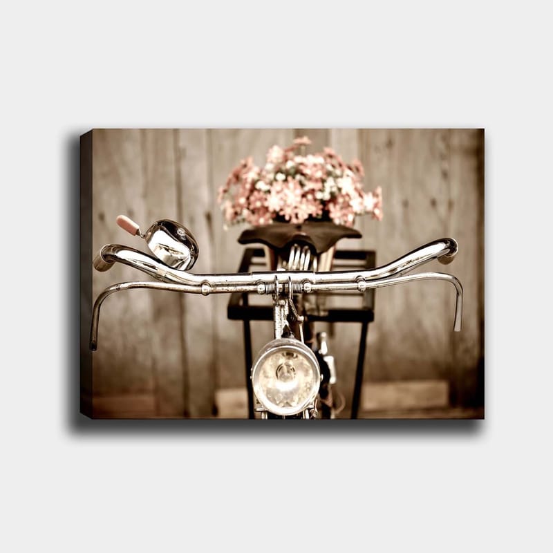 Lærred 70x100 cm - Gammeldags cykel med blomster i kurven, Sølv / Pink / Sort