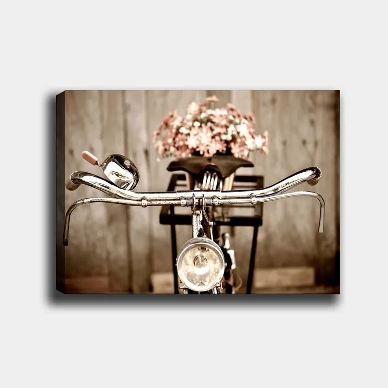 Lærred 70x100 cm - Gammeldags cykel med blomster i kurven, Sølv / Pink / Sort