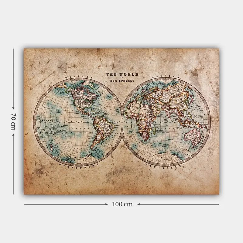 Lærred 70x100 cm - Gammeldags verdenskort med to halvkugler, der viser kontinenter og oceaner - Blå / Brun / Beige - Boligtilbehør - Billeder & kunst - Billeder på lærred