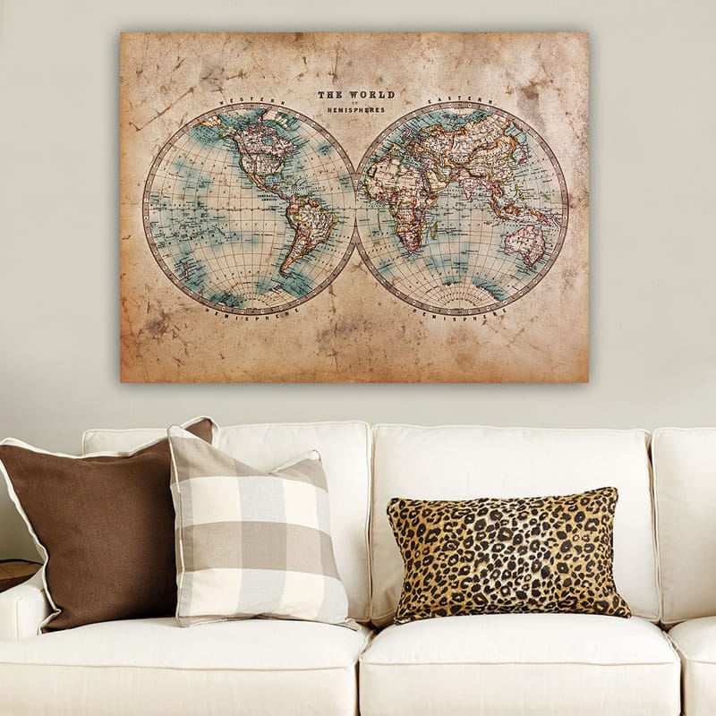Lærred 70x100 cm - Gammeldags verdenskort med to halvkugler, der viser kontinenter og oceaner - Blå / Brun / Beige - Boligtilbehør - Billeder & kunst - Billeder på lærred