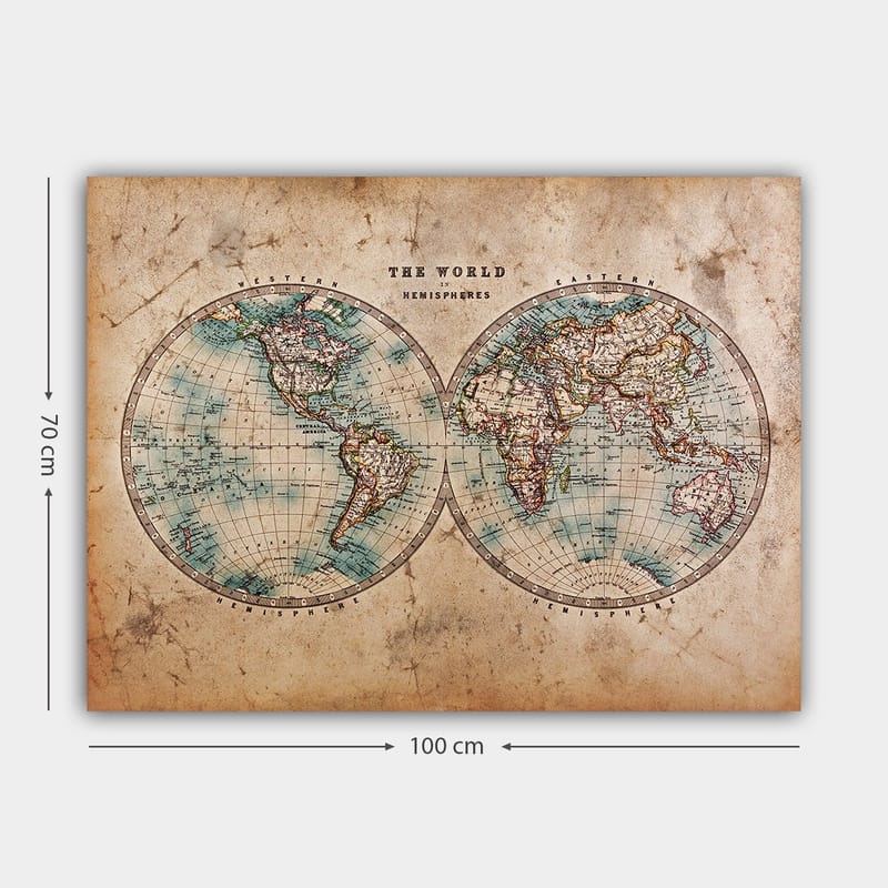 Lærred 70x100 cm - Gammeldags verdenskort med to halvkugler, der viser kontinenter og oceaner - Blå / Brun / Beige - Boligtilbehør - Billeder & kunst - Billeder på lærred