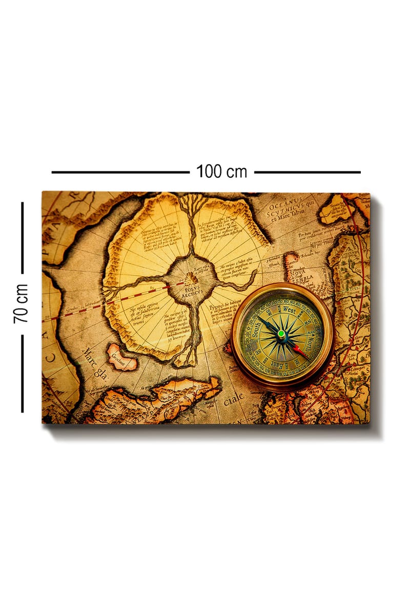 Lærred 70x100 cm - Gammelt kort med kompas som hovedmotiv - Guld / Brun / Beige - Boligtilbehør - Billeder & kunst - Billeder på lærred
