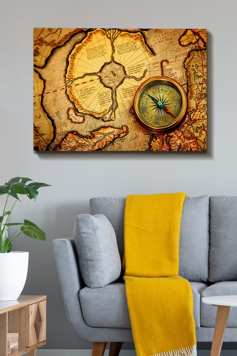 Lærred 70x100 cm - Gammelt kort med kompas som hovedmotiv - Guld / Brun / Beige - Boligtilbehør - Billeder & kunst - Billeder på lærred