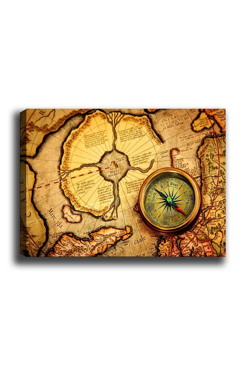 Lærred 70x100 cm - Gammelt kort med kompas som hovedmotiv, Guld / Brun / Beige