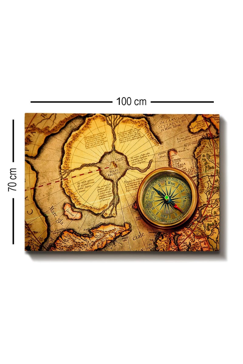 Lærred 70x100 cm - Gammelt kort med kompas som hovedmotiv - Guld / Brun / Beige - Boligtilbehør - Billeder & kunst - Billeder på lærred
