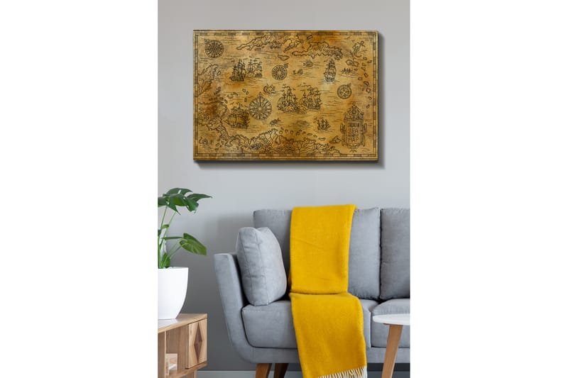 Lærred 70x100 cm - Gammelt søkort med detaljerede illustrationer af skibe og navigationssymboler, Guld / Brun