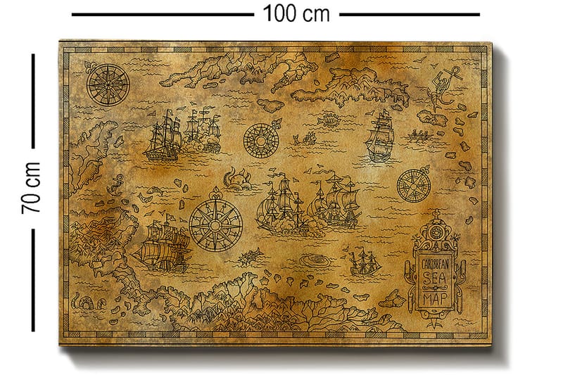 Lærred 70x100 cm - Gammelt søkort med detaljerede illustrationer af skibe og navigationssymboler - Guld / Brun - Boligtilbehør - Billeder & kunst - Billeder på lærred