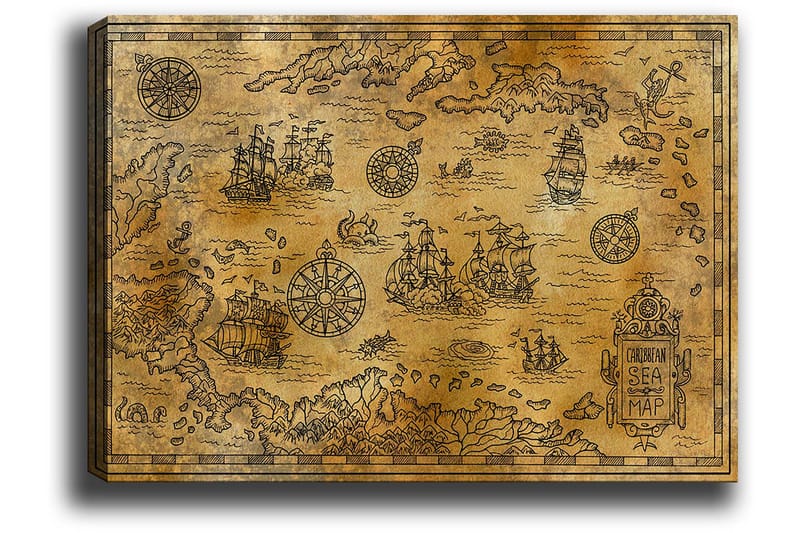 Lærred 70x100 cm - Gammelt søkort med detaljerede illustrationer af skibe og navigationssymboler - Guld / Brun - Boligtilbehør - Billeder & kunst - Billeder på lærred