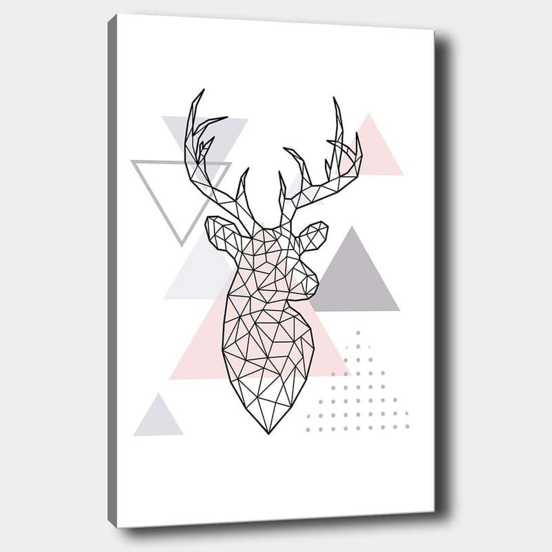 Lærred 70x100 cm - Geometrisk hjort i polygonstil omgivet af trekanter, Grå / Lyserød / Sort