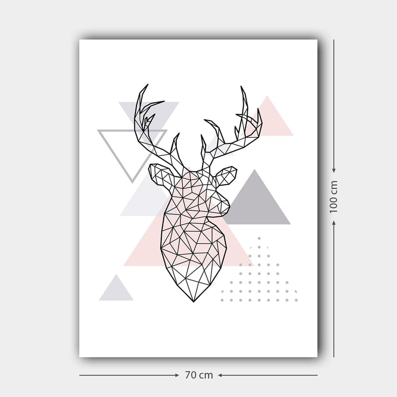 Lærred 70x100 cm - Geometrisk hjort i polygonstil omgivet af trekanter - Grå / Lyserød / Sort - Boligtilbehør - Billeder & kunst - Billeder på lærred