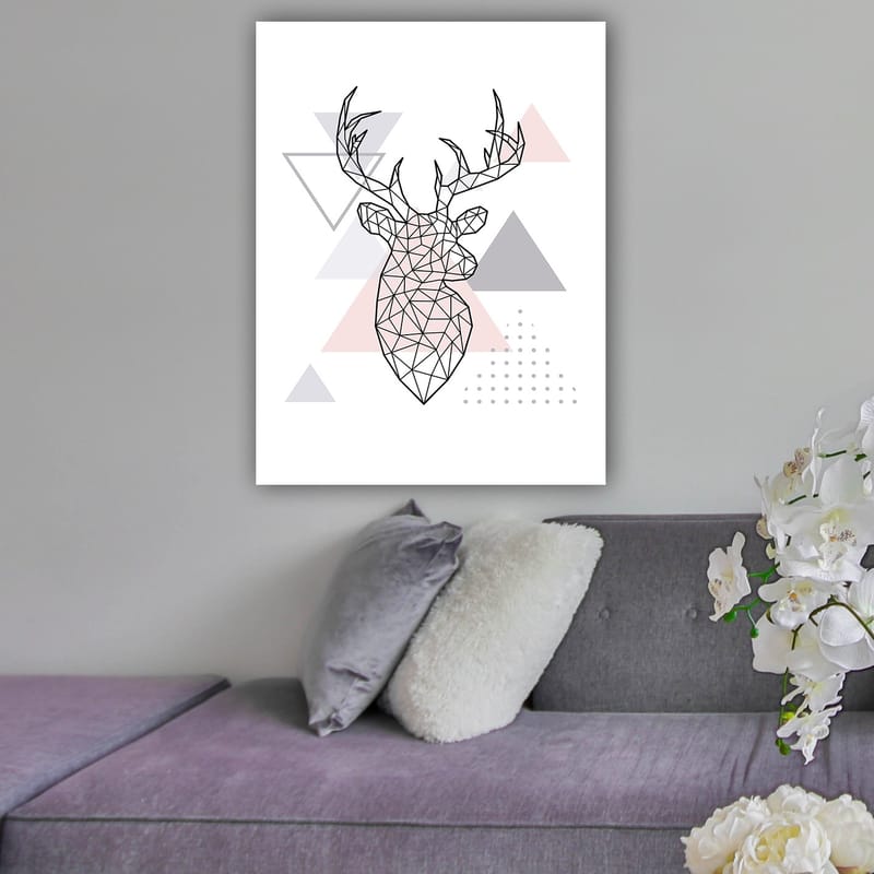 Lærred 70x100 cm - Geometrisk hjort i polygonstil omgivet af trekanter - Grå / Lyserød / Sort - Boligtilbehør - Billeder & kunst - Billeder på lærred