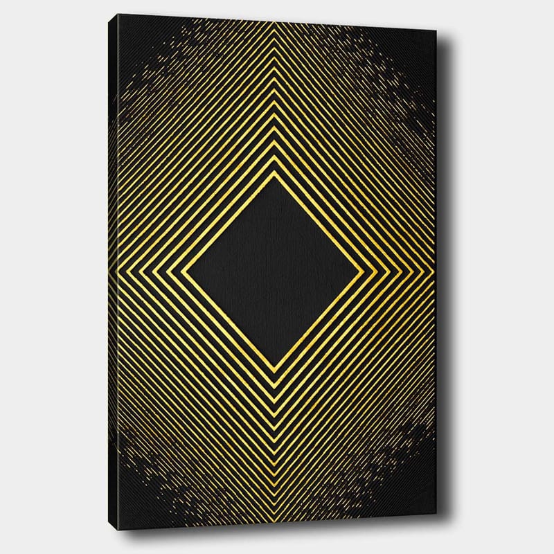 Lærred 70x100 cm - Geometrisk komposition med diagonale linjer, der danner en diamant i guld mod en sort baggrund, Guld / Sort