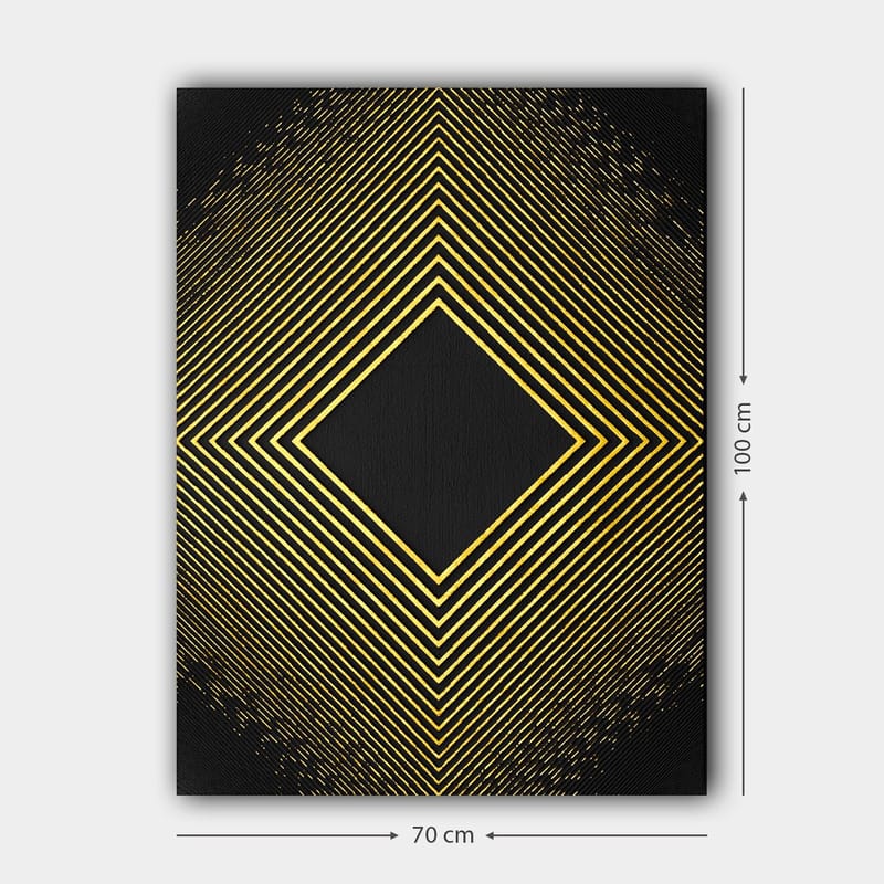 Lærred 70x100 cm - Geometrisk komposition med diagonale linjer, der danner en diamant i guld mod en sort baggrund - Guld / Sort - Boligtilbehør - Billeder & kunst - Billeder på lærred
