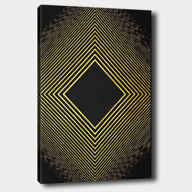 Lærred 70x100 cm - Geometrisk komposition med diagonale linjer, der danner en diamant i guld mod en sort baggrund, Guld / Sort