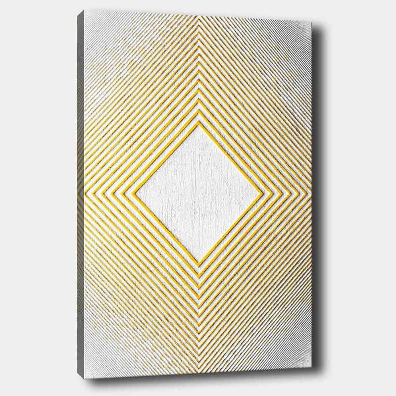 Lærred 70x100 cm - Geometrisk komposition med en central rombeformet struktur omgivet af linjer i forskellige retninger, Gul / Hvid / Grå