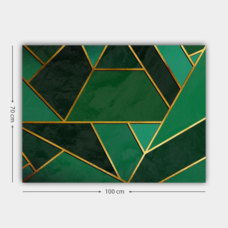 Lærred 70x100 cm - Geometriske former i forskellige nuancer af grønt med gyldne linjer - Mørkegrøn / Lysegrøn / Guld - Boligtilbehør - Billeder & kunst - Billeder på lærred