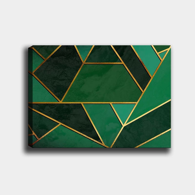 Lærred 70x100 cm - Geometriske former i forskellige nuancer af grønt med gyldne linjer, Mørkegrøn / Lysegrøn / Guld