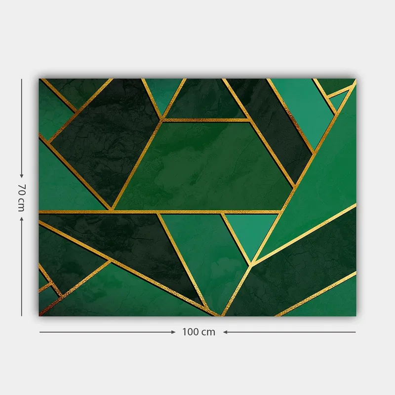 Lærred 70x100 cm - Geometriske former i forskellige nuancer af grønt med gyldne linjer - Mørkegrøn / Lysegrøn / Guld - Boligtilbehør - Billeder & kunst - Billeder på lærred