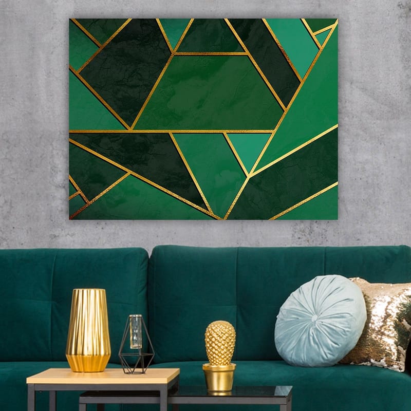 Lærred 70x100 cm - Geometriske former i forskellige nuancer af grønt med gyldne linjer - Mørkegrøn / Lysegrøn / Guld - Boligtilbehør - Billeder & kunst - Billeder på lærred