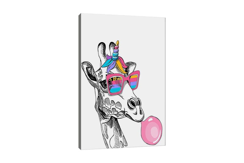 Lærred 70x100 cm - Giraf med solbriller der blæser bobler, Lyserød / Blå / Lilla