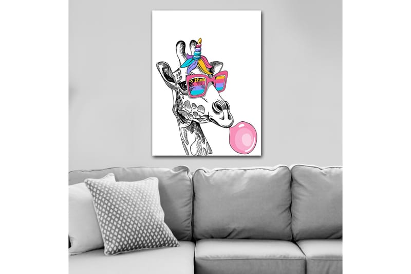 Lærred 70x100 cm - Giraf med solbriller der blæser bobler - Lyserød / Blå / Lilla - Boligtilbehør - Billeder & kunst - Billeder på lærred