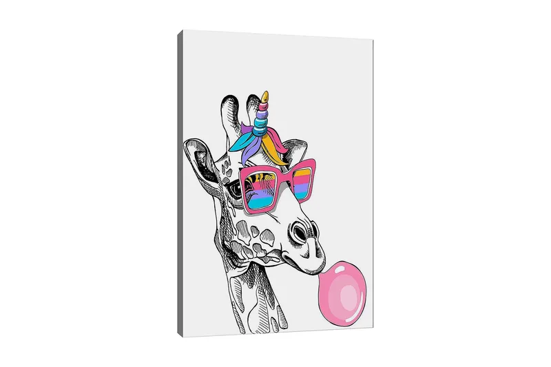 Lærred 70x100 cm - Giraf med solbriller der blæser bobler, Lyserød / Blå / Lilla
