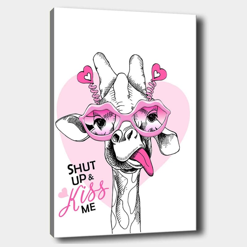 Lærred 70x100 cm - Giraf med store lyserøde briller og en legesyg attitude, Lyserød / Sort / Hvid