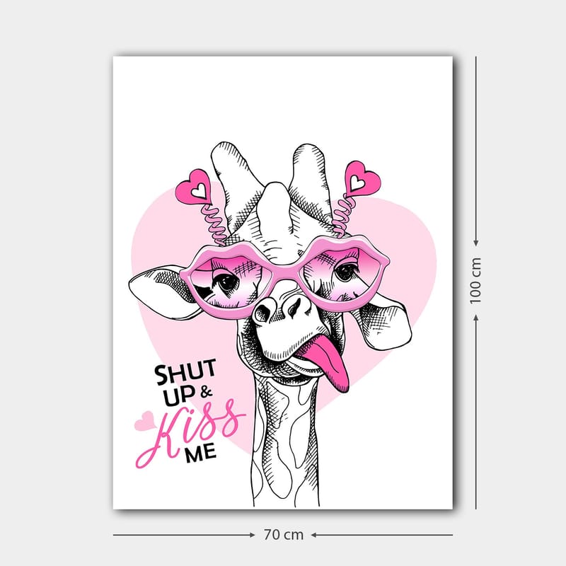 Lærred 70x100 cm - Giraf med store lyserøde briller og en legesyg attitude - Lyserød / Sort / Hvid - Boligtilbehør - Billeder & kunst - Billeder på lærred