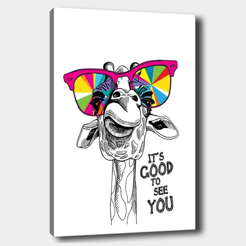 Lærred 70x100 cm - Glad giraf med farverige solbriller, Lyserød / Gul / Grøn