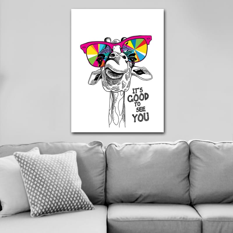 Lærred 70x100 cm - Glad giraf med farverige solbriller - Lyserød / Gul / Grøn - Boligtilbehør - Billeder & kunst - Billeder på lærred