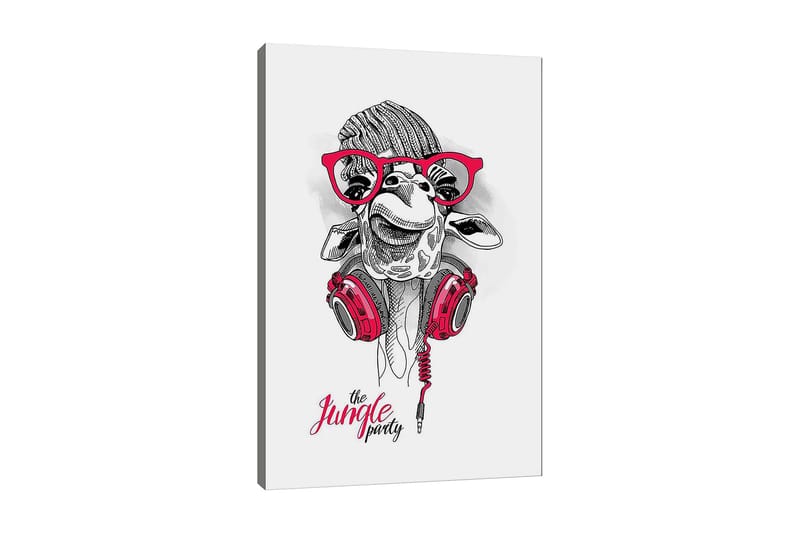 Lærred 70x100 cm - Glad giraf med hovedtelefoner og briller, hvilket giver et legende og moderne præg, Rød / Sort / Hvid