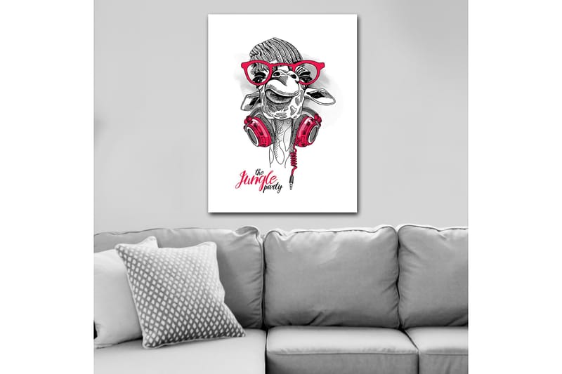 Lærred 70x100 cm - Glad giraf med hovedtelefoner og briller, hvilket giver et legende og moderne præg - Rød / Sort / Hvid - Boligtilbehør - Billeder & kunst - Billeder på lærred
