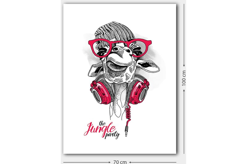 Lærred 70x100 cm - Glad giraf med hovedtelefoner og briller, hvilket giver et legende og moderne præg - Rød / Sort / Hvid - Boligtilbehør - Billeder & kunst - Billeder på lærred