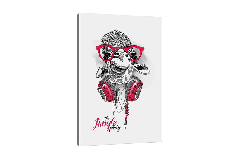 Lærred 70x100 cm - Glad giraf med hovedtelefoner og briller, hvilket giver et legende og moderne præg, Rød / Sort / Hvid