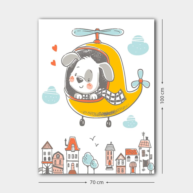 Lærred 70x100 cm - Glad hund flyver i en gul helikopter over en by med farverige huse - Gul / Grå / Blå - Boligtilbehør - Billeder & kunst - Billeder på lærred
