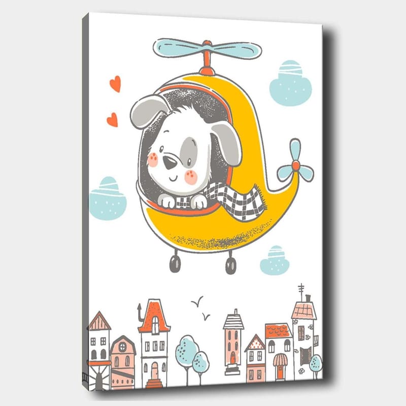 Lærred 70x100 cm - Glad hund flyver i en gul helikopter over en by med farverige huse, Gul / Grå / Blå
