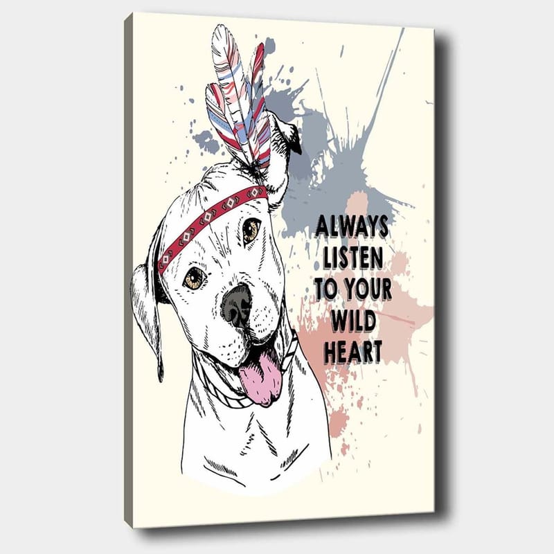 Lærred 70x100 cm - Glad hund med fjer og et bånd om hovedet, der opfordrer dig til at lytte til dit vilde hjerte, Hvid / Rød / Blå