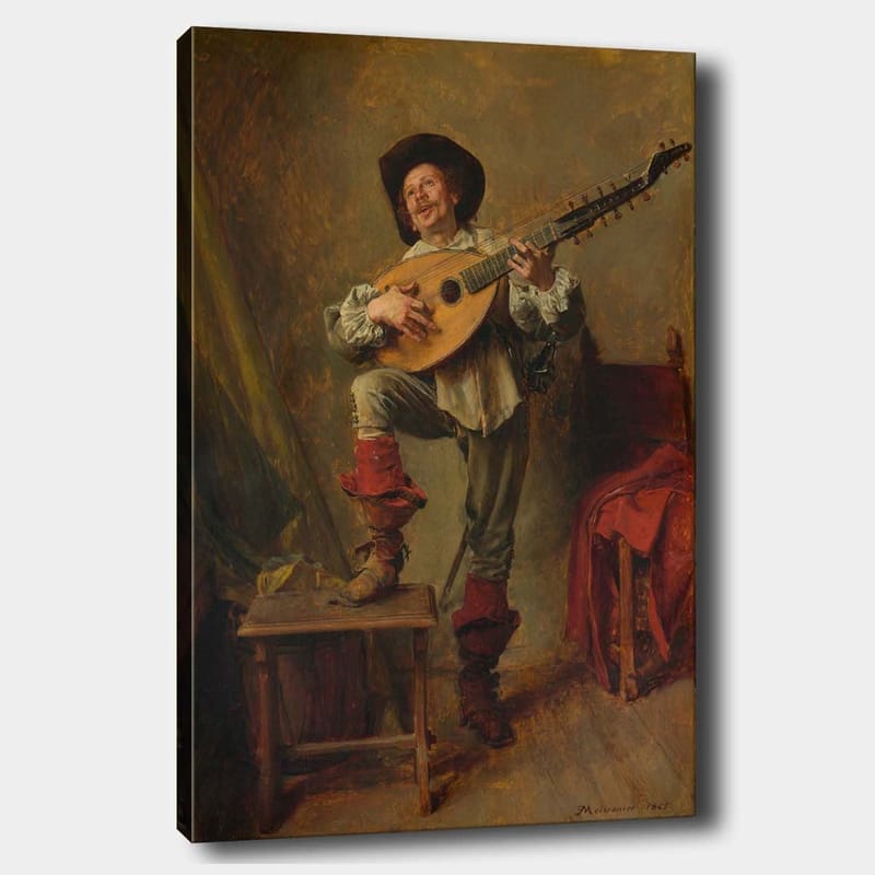 Lærred 70x100 cm - Glad mand spiller lut med en livlig og udtryksfuld positur - Rød / Grøn / Beige - Boligtilbehør - Billeder & kunst - Billeder på lærred