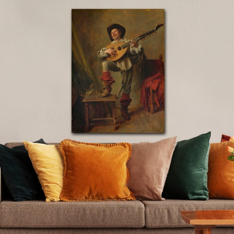 Lærred 70x100 cm - Glad mand spiller lut med en livlig og udtryksfuld positur, Rød / Grøn / Beige