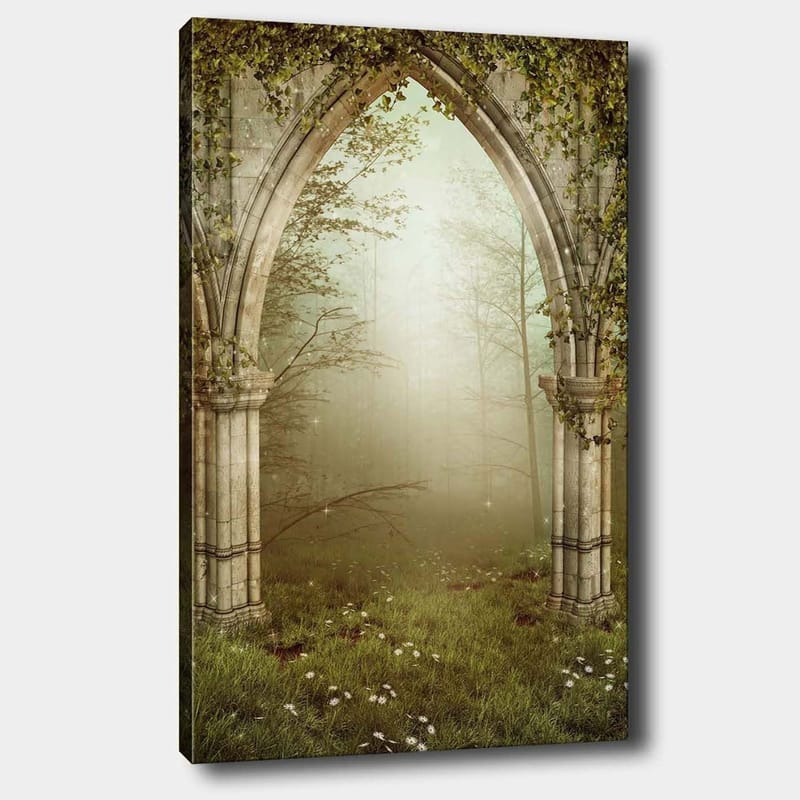 Lærred 70x100 cm - Gotisk portal omgivet af grønt og tåge i et mystisk skovmiljø, Grå / Grøn / Beige