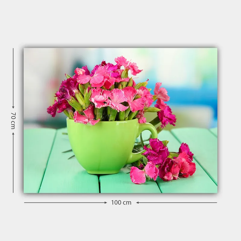 Lærred 70x100 cm - Grøn kop fyldt med lyserøde blomster - Grøn / Lyserød - Boligtilbehør - Billeder & kunst - Billeder på lærred